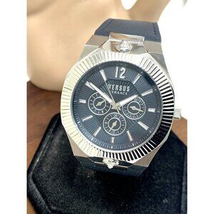 Versus by Versace Mens Watch VSP1P1121 Quartz Blue Gray Dial Silver Leather 42mm